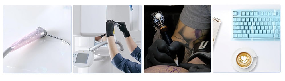 یک هندپیس دندانپزشکی که در یک پوشش محافظ صورتی پیچیده شده، روی یک سطح سفید قرار دارد. دستانی با دستکش‌های مشکی در حال تنظیم تجهیزات در نزدیکی صفحه نمایش یک واحد دندانپزشکی دیده می‌شوند. دست یک هنرمند تاتو با دستکش مشکی در حال کار با دستگاه تاتو روی بازوی خالکوبی شده یک شخص است. یک کیبورد کامپیوتر آبی روشن، یک دفترچه یادداشت سیمی و یک فنجان قهوه با طرح لاته قلبی شکل روی یک سطح سفید چیده شده‌اند.