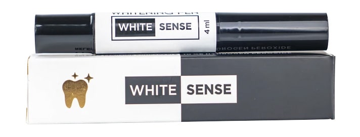 قلم بلیچینگ 4 میلی‌لیتری هوم وایت سنس (White Sense Whitening Pen 4ml) در کنار جعبه اصلی مشکی و سفید محصول.