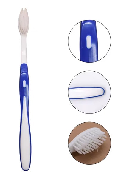 مسواک ارتودنسی و نمایی از دسته سر و ته دسته مسواک